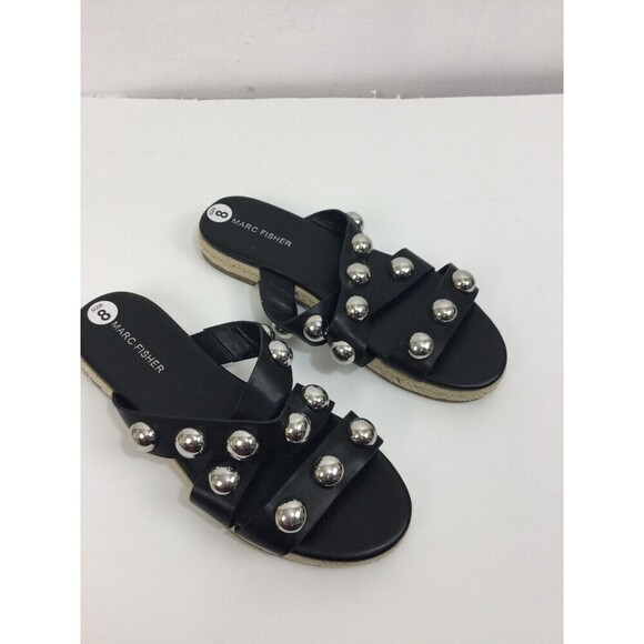 Marc Fisher Prisca Espadrille Silver Studded Slip On Slides Sandals Black Size 8 - Picture 9 of 12